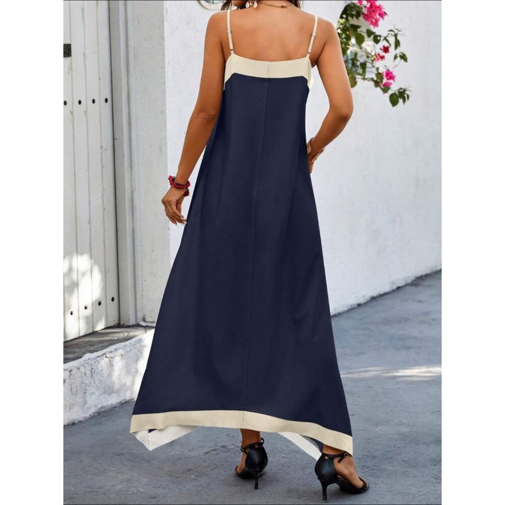 Contrast minimalist Cami sleeve two tone sleeveless maxi dress navy blue tan - Picture 2 of 6